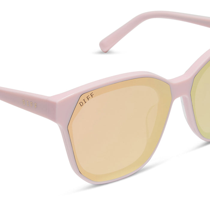 diff eyewear featuring the gia square sunglasses with a powder pink frame and cherry blossom mirror lenses detailed view