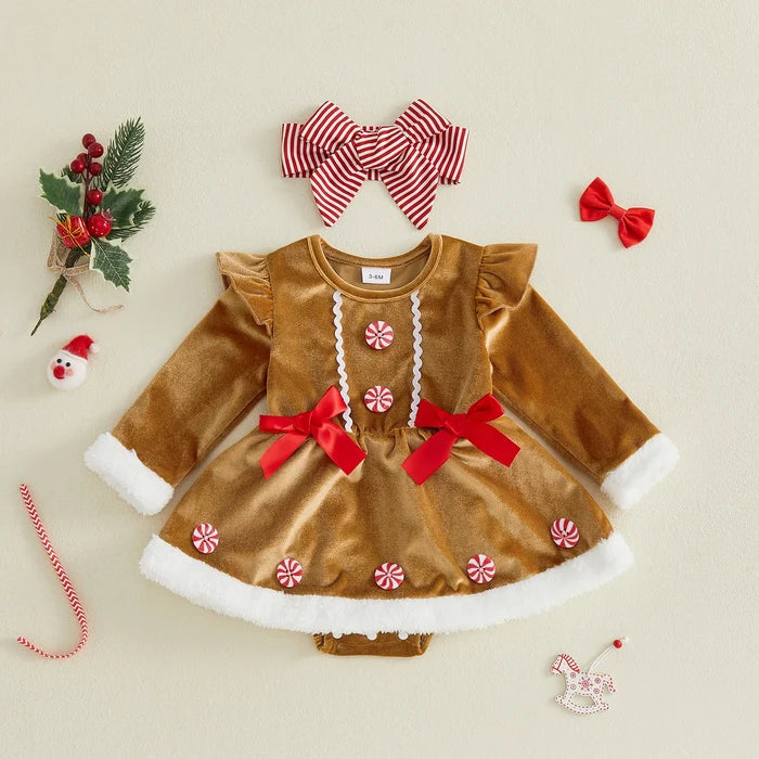 GINGERBREAD GIRL Long-Sleeve Bowtie Romper