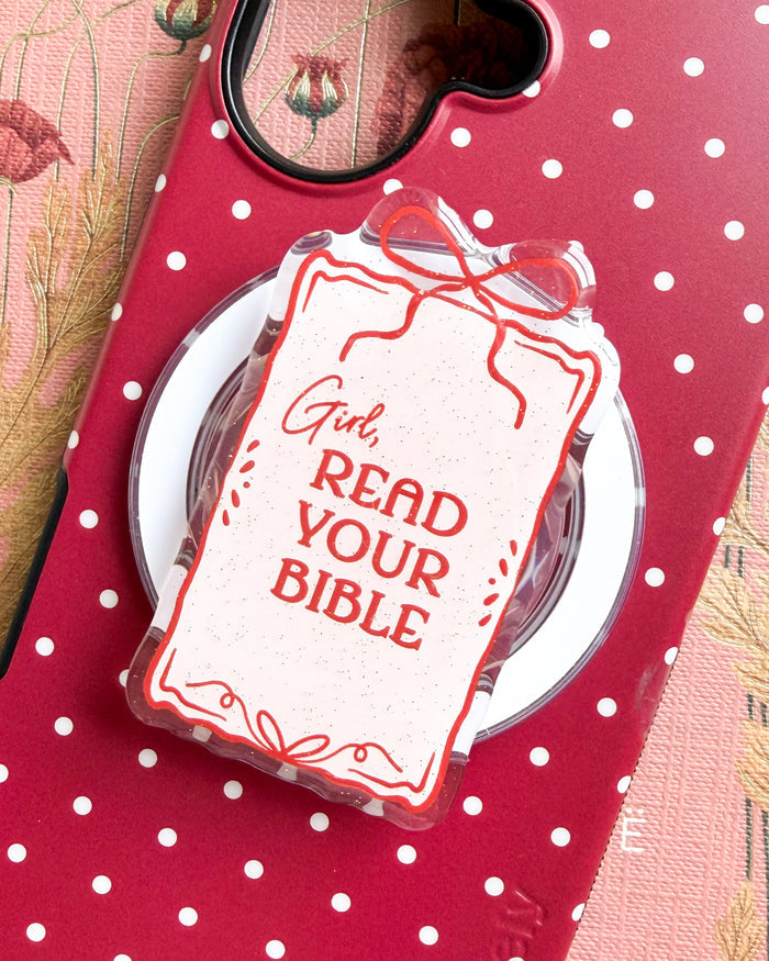 Girl Read Your Bible Coquette Magnetic Kindle Grip or Phone Holder - The Bean Workshop - Bookish Accessories, kindle grip, reading accessories