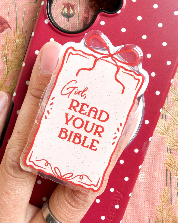 Girl Read Your Bible Coquette Magnetic Kindle Grip or Phone Holder - The Bean Workshop - Bookish Accessories, kindle grip, reading accessories