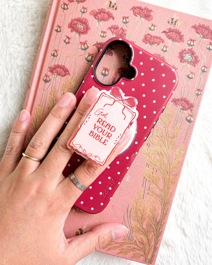 Girl Read Your Bible Coquette Magnetic Kindle Grip or Phone Holder - The Bean Workshop - Bookish Accessories, kindle grip, reading accessories
