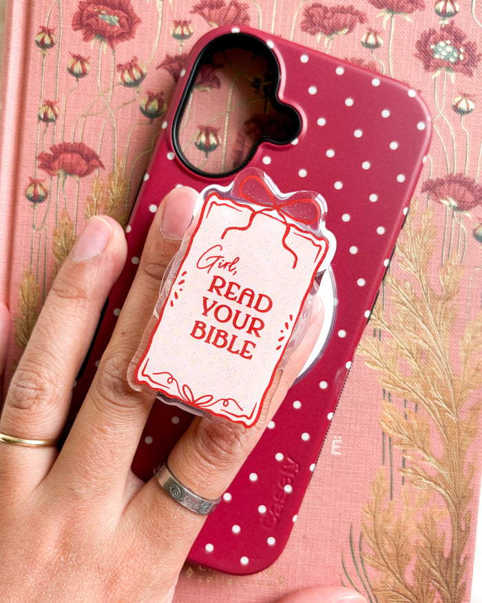 Girl Read Your Bible Coquette Magnetic Kindle Grip or Phone Holder - The Bean Workshop - Bookish Accessories, kindle grip, reading accessories