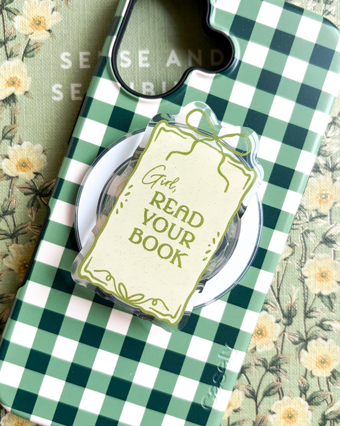 Girl Read Your Book Coquette Magnetic Kindle Grip or Phone Holder - The Bean Workshop - Bookish Accessories, kindle grip, reading accessories
