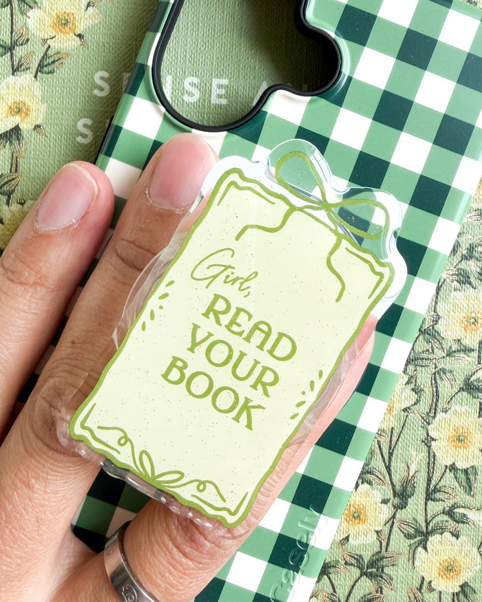 Girl Read Your Book Coquette Magnetic Kindle Grip or Phone Holder - The Bean Workshop - Bookish Accessories, kindle grip, reading accessories