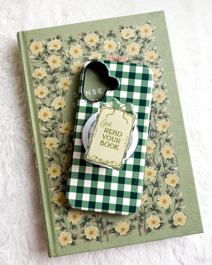 Girl Read Your Book Coquette Magnetic Kindle Grip or Phone Holder - The Bean Workshop - Bookish Accessories, kindle grip, reading accessories