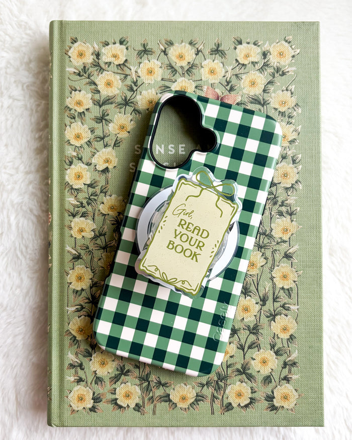 Girl Read Your Book Coquette Magnetic Kindle Grip or Phone Holder - The Bean Workshop - Bookish Accessories, kindle grip, reading accessories