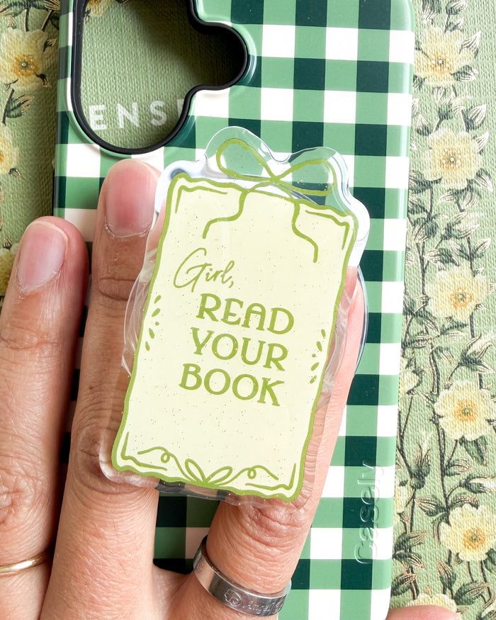 Girl Read Your Book Coquette Magnetic Kindle Grip or Phone Holder - The Bean Workshop - Bookish Accessories, kindle grip, reading accessories