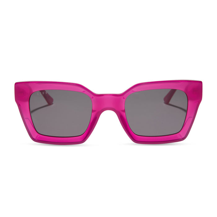 diff eyewear featuring the greer square sunglasses with a bright tulip pink frame and grey lenses front view