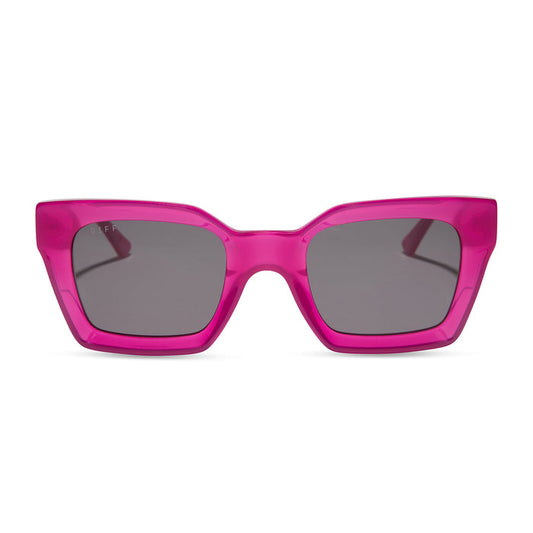 diff eyewear featuring the greer square sunglasses with a bright tulip pink frame and grey lenses front view