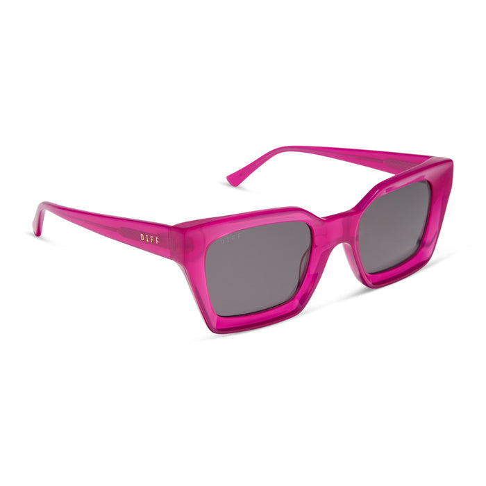 diff eyewear featuring the greer square sunglasses with a bright tulip pink frame and grey lenses angled view