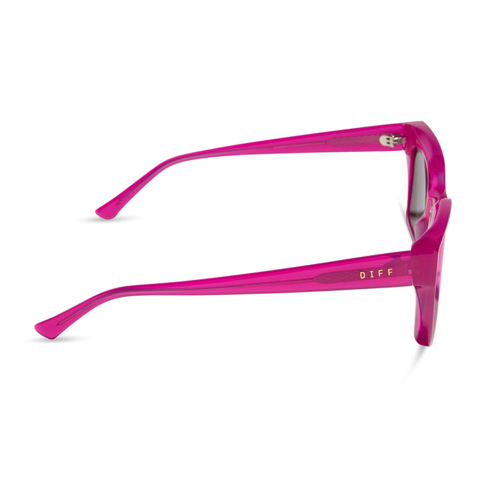 diff eyewear featuring the greer square sunglasses with a bright tulip pink frame and grey lenses side view