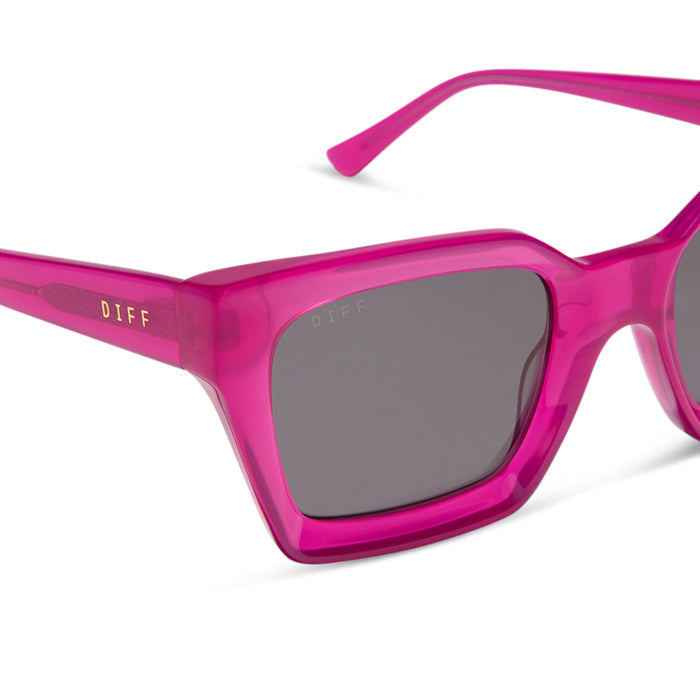 diff eyewear featuring the greer square sunglasses with a bright tulip pink frame and grey lenses detailed view