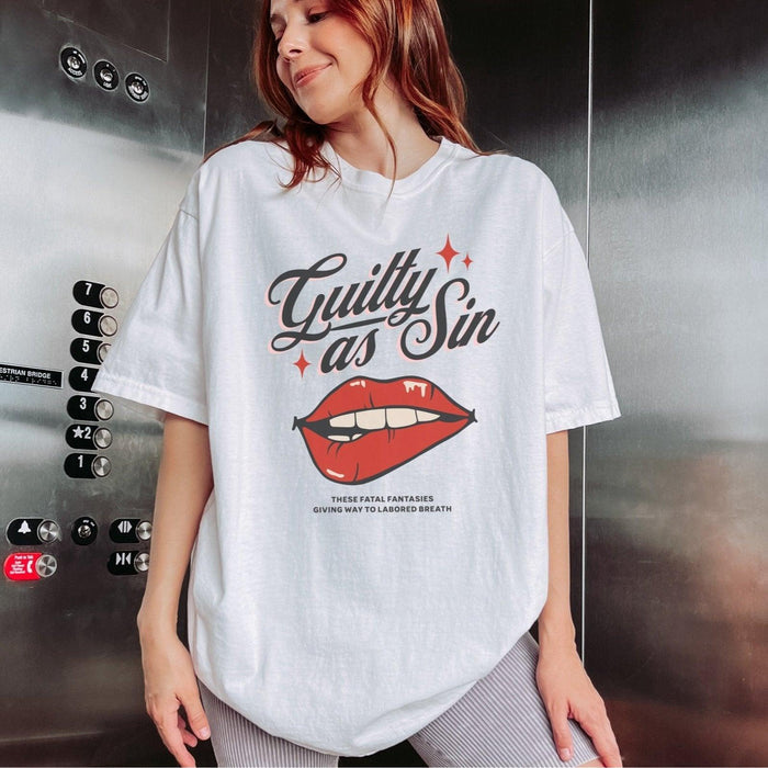 Guilty as Sin Tee Shirt - The Bean Workshop - book lover, box tee, guilty as sin, read everyday, taylor swift, the tortured poets department, ttpd
