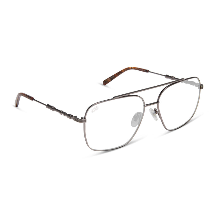 star wars x diff eyewear featuring the han solo™ 2.0 aviator prescription glasses with a brushed dark grey metal frame angled view