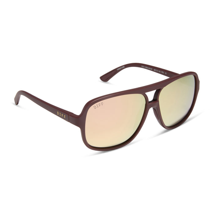 diff sport featuring the hangtime aviator sunglasses with a matte rugby red frame and champagne mirror polarized lenses angled view