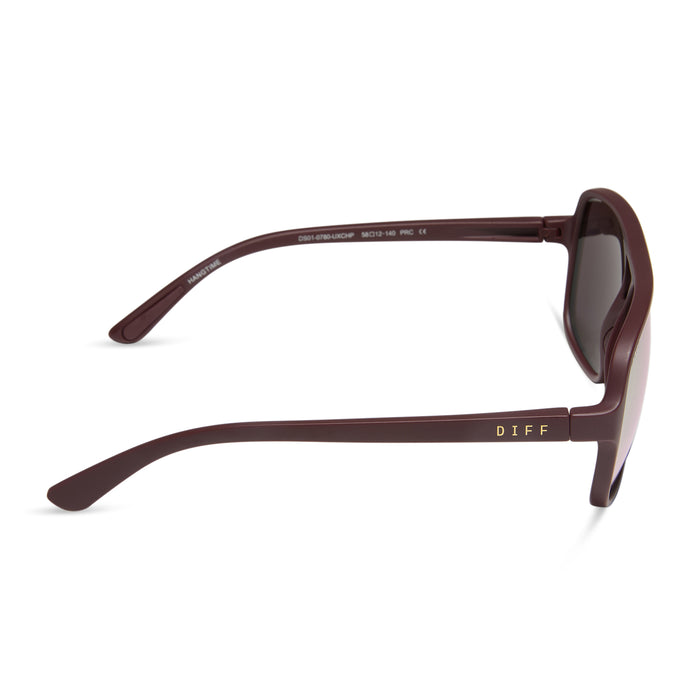diff sport featuring the hangtime aviator sunglasses with a matte rugby red frame and champagne mirror polarized lenses side view