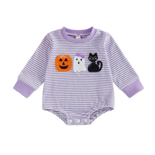 HAPPY HALLOWEEN Purple Striped Long-Sleeve Onesie