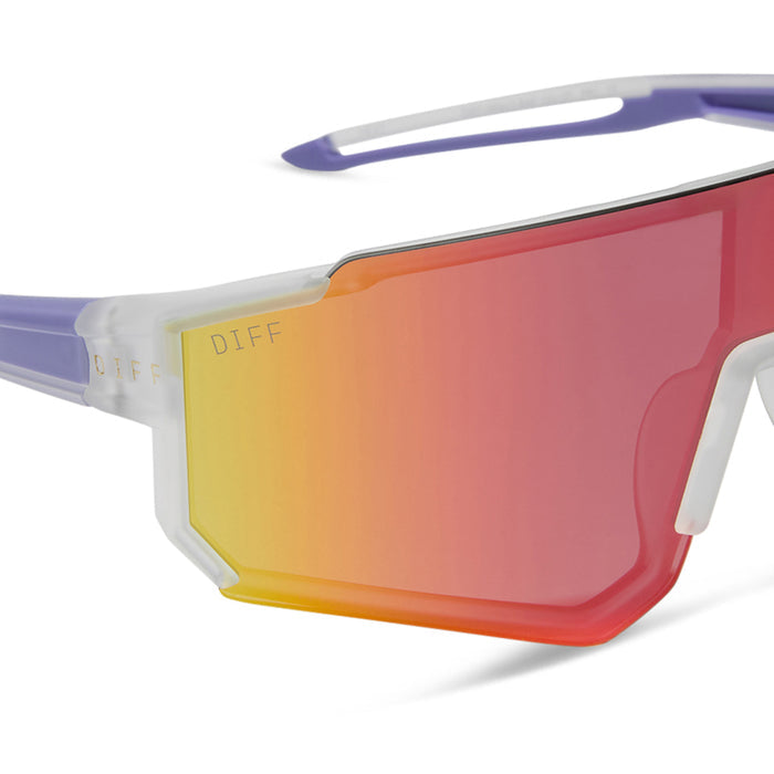diff sport featuring the heat shield sunglasses with a crystal clear frame and rainbow mirror polarized lenses detailed view