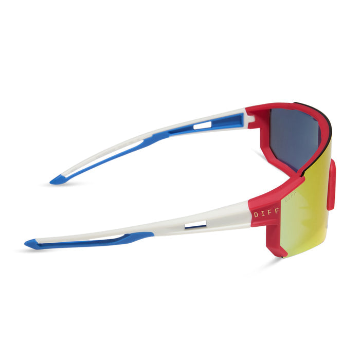 diff sport featuring the heat shield sunglasses with a firecracker red frame and sunset mirror polarized lenses side view