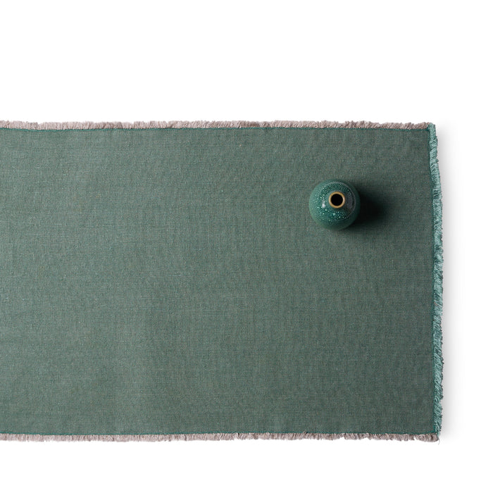 R+D.LAB Hopsack Runner in Slate Green with Heath Ceramics bud vase in silver spruce