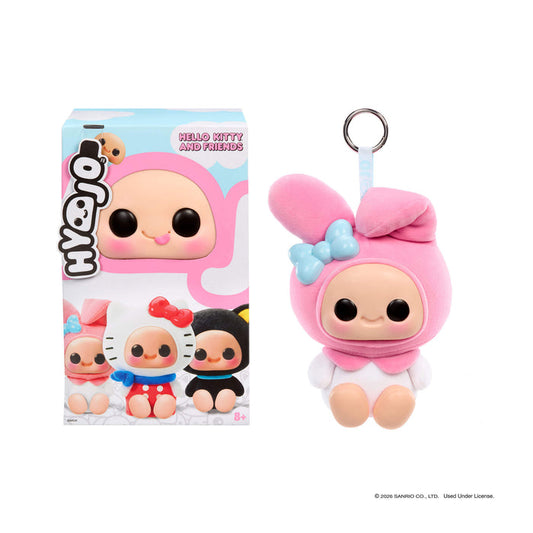 Pink plush keychain with a bow next to its packaging on a white background
