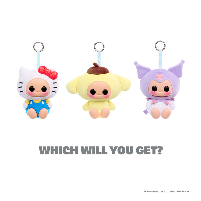 Three colorful plush keychains with Hello Kitty characters on a white background.