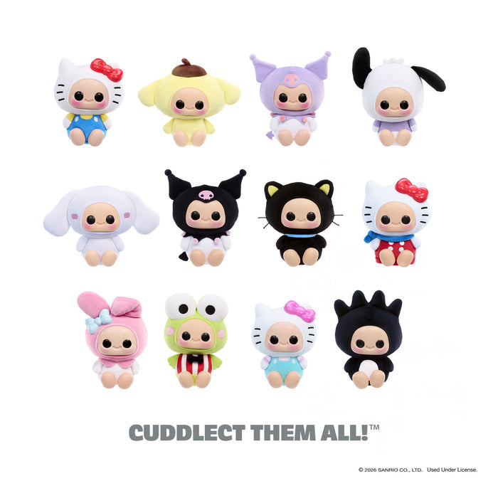Collection of small Hello Kitty toys in various animal costumes on a white background with 'Cuddlect Them All!' text.