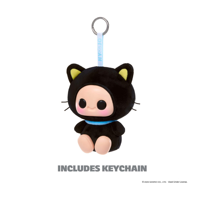 Black cat-shaped plush toy with keychain on a white background