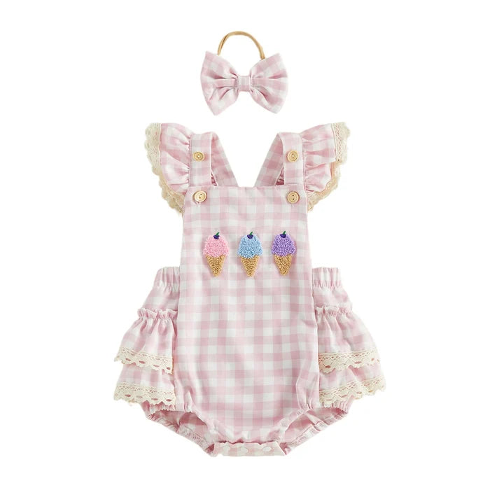 ICE CREAM Pink Checkered Romper