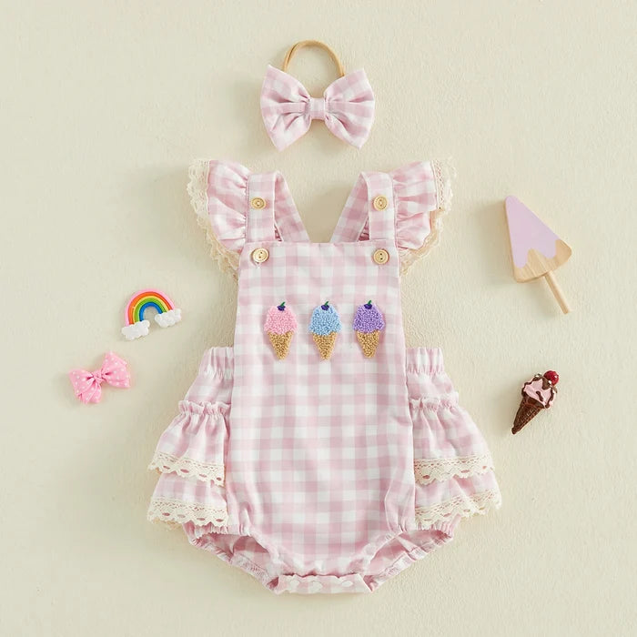 ICE CREAM Pink Checkered Romper
