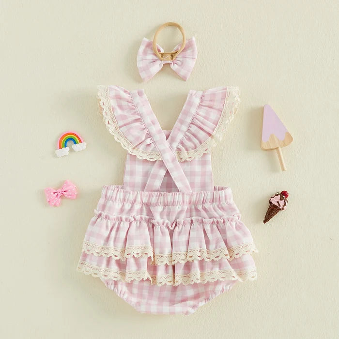 ICE CREAM Pink Checkered Romper