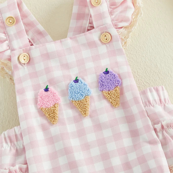ICE CREAM Pink Checkered Romper