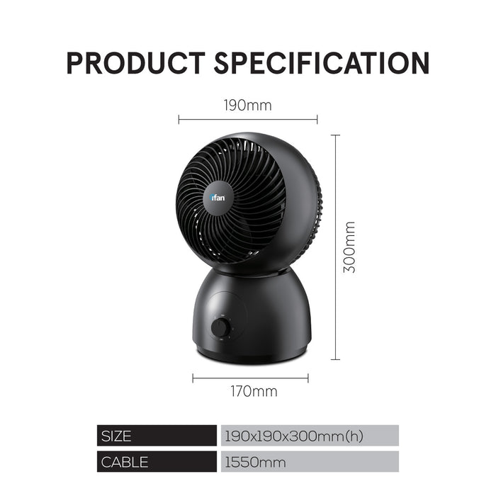 iFan 8" Air Circulator Fan – Concentrated Airflow, Desk Fan, Adjustable Tilt, Oscillation, Portable, Silent, 3-Speed, black, IF7403