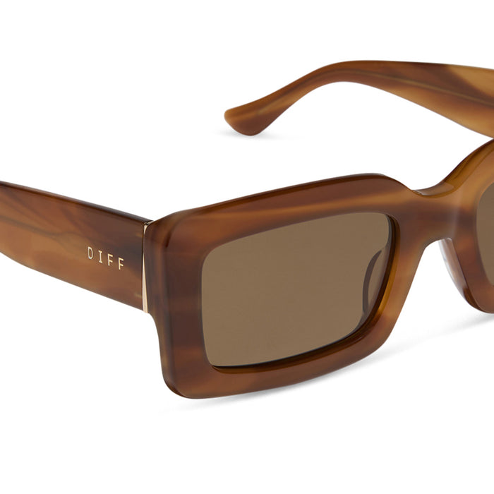 diff eyewear featuring the indy rectangle sunglasses with a tawny brown tortoise frame and brown polarized lenses detailed view
