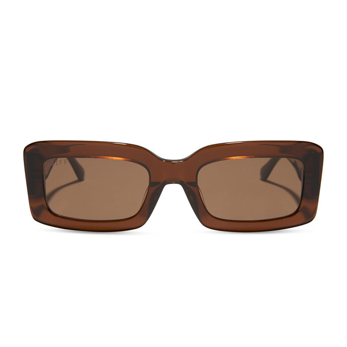 diff eyewear  featuring the indy rectangular sunglasses with a whiskey brown frame and brown polarized lenses front view
