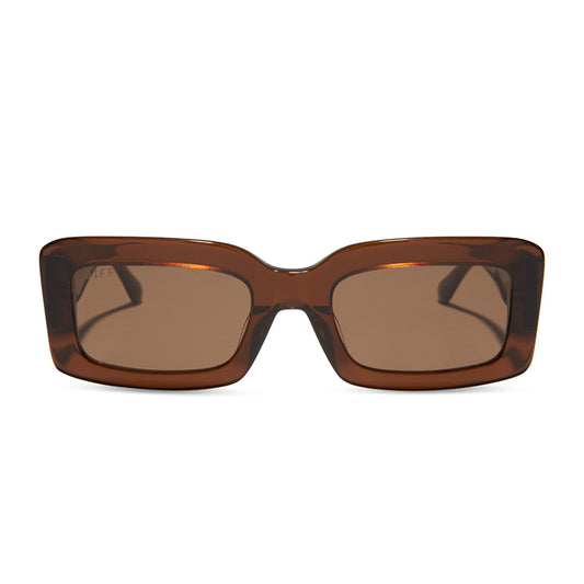 diff eyewear  featuring the indy rectangular sunglasses with a whiskey brown frame and brown polarized lenses front view