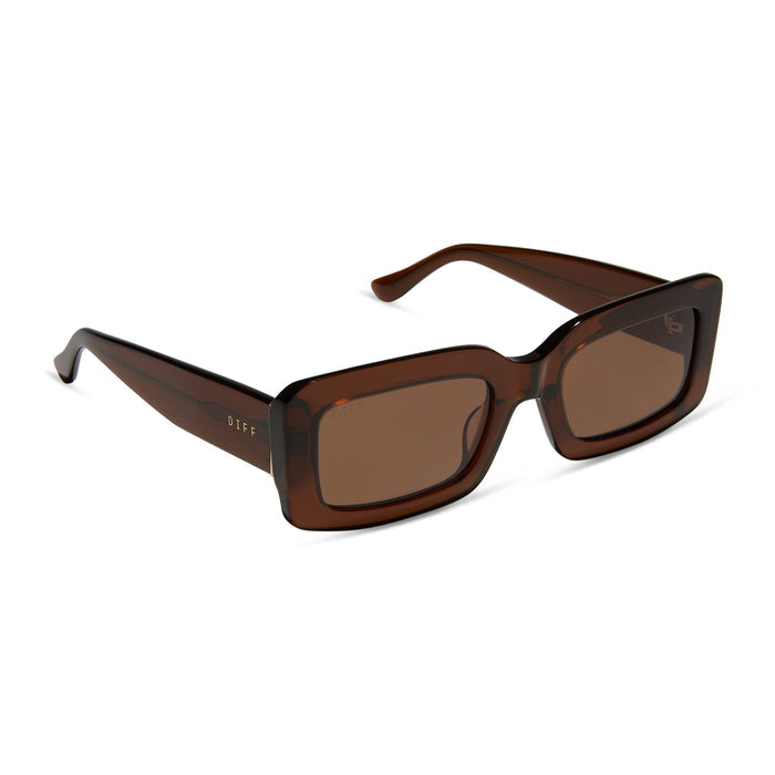 diff eyewear  featuring the indy rectangular sunglasses with a whiskey brown frame and brown polarized lenses angled view