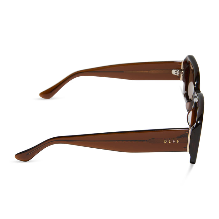 diff eyewear  featuring the indy rectangular sunglasses with a whiskey brown frame and brown polarized lenses side view