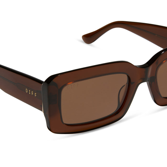 diff eyewear  featuring the indy rectangular sunglasses with a whiskey brown frame and brown polarized lenses detailed view