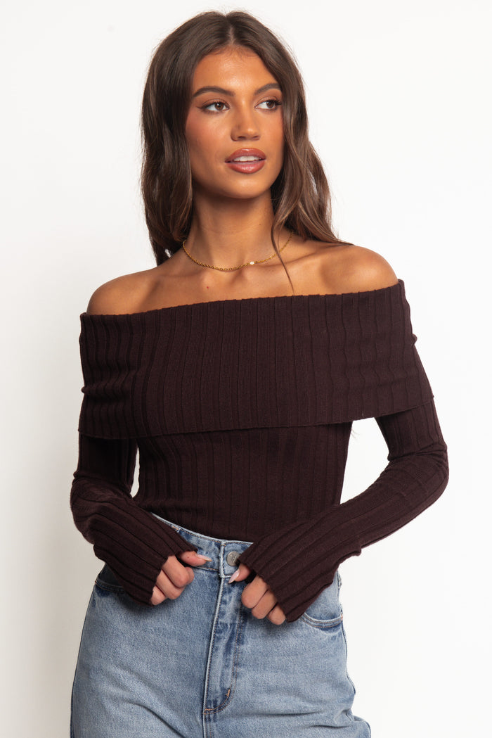 Petal and Pup USA TOPS Inora Off Shoulder Knit Top - Chocolate