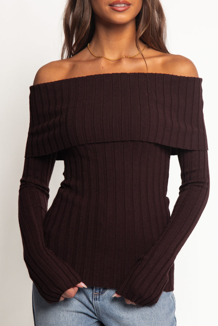 Petal and Pup USA TOPS Inora Off Shoulder Knit Top - Chocolate