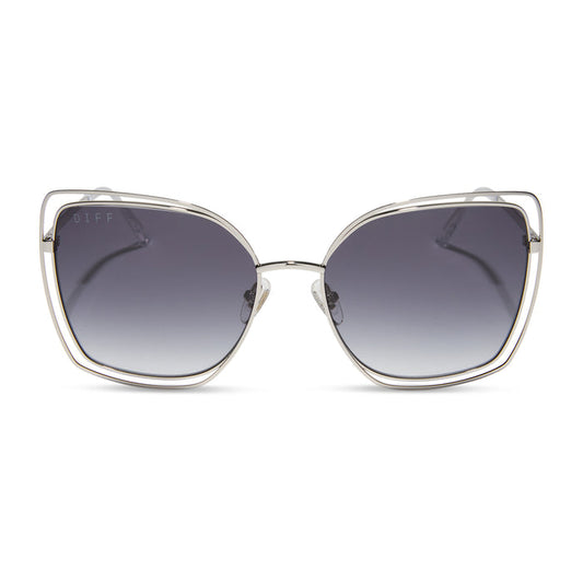 diff eyewear featuring the jacqueline square sunglasses with a silver frame and grey gradient lenses front view