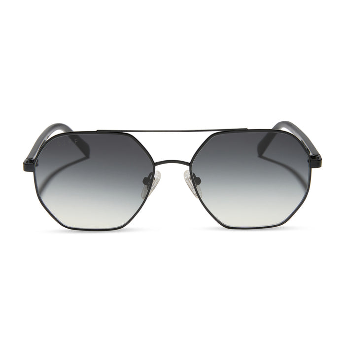 jojo fletcher x diff eyewear joelle navigator sunglasses with a black metal frame and grey gradient polarized lenses front view