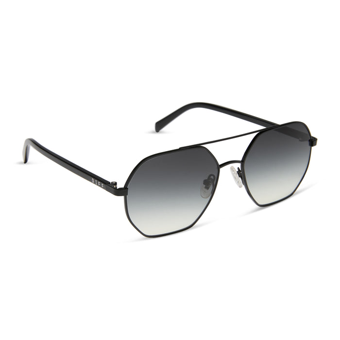 jojo fletcher x diff eyewear joelle navigator sunglasses with a black metal frame and grey gradient polarized lenses angled view