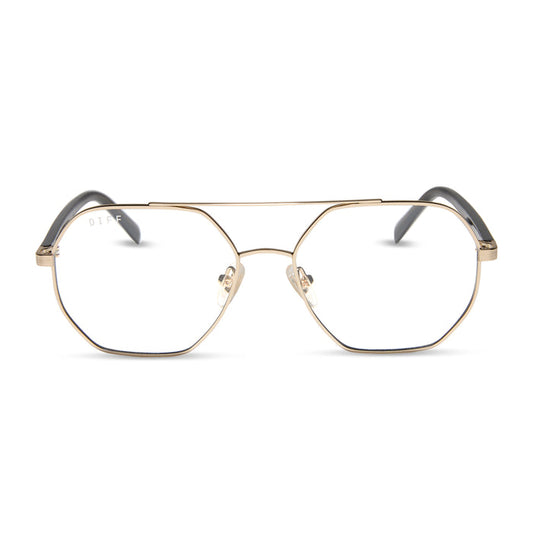jojo fletcher x diff eyewear joelle navigator glasses with a gold metal and chocolate temple frame front view
