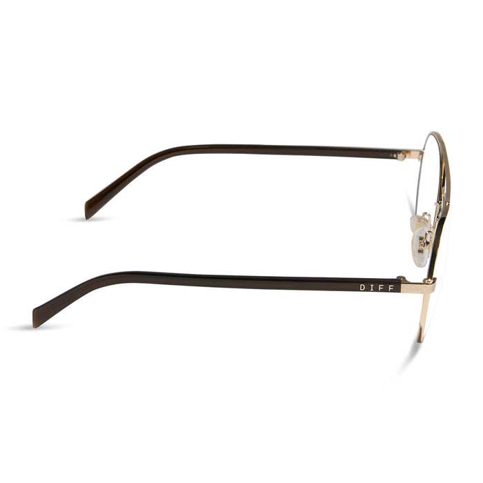 jojo fletcher x diff eyewear joelle navigator glasses with a gold metal and chocolate temple frame side view