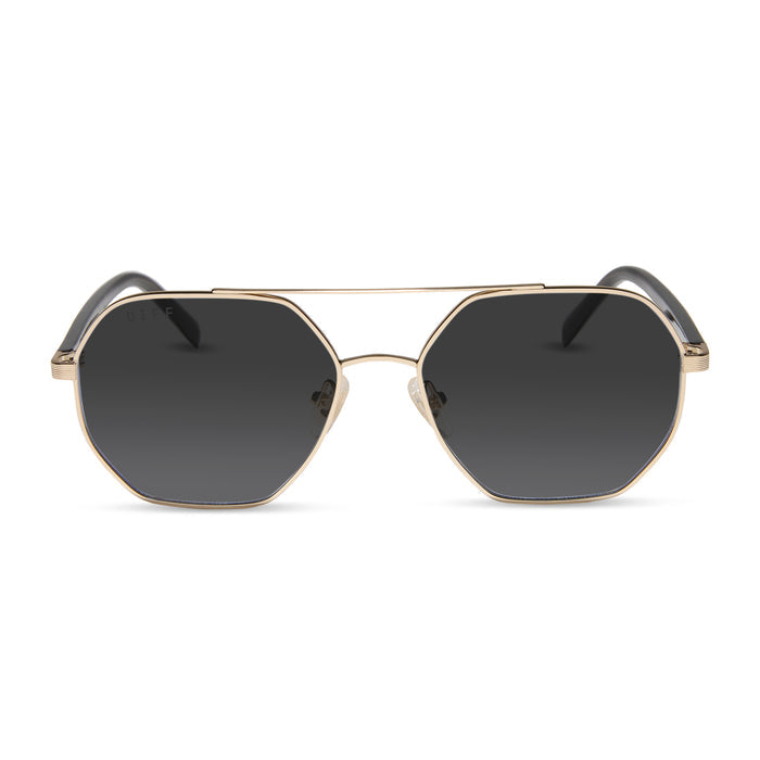 jojo fletcher x diff eyewear joelle navigator prescription sunglasses with a gold metal and chocolate temple frame front view