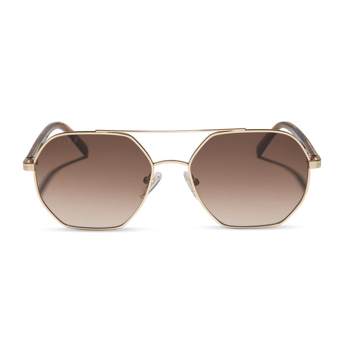 jojo fletcher x diff eyewear joelle navigator sunglasses with a gold metal and horn tortoise temples with brown gradient lenses front view