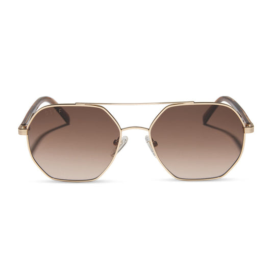 jojo fletcher x diff eyewear joelle navigator sunglasses with a gold metal and horn tortoise temples with brown gradient lenses front view