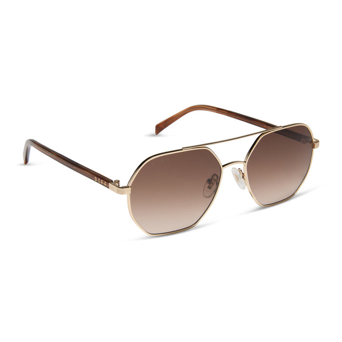 jojo fletcher x diff eyewear joelle navigator sunglasses with a gold metal and horn tortoise temples with brown gradient lenses angled view
